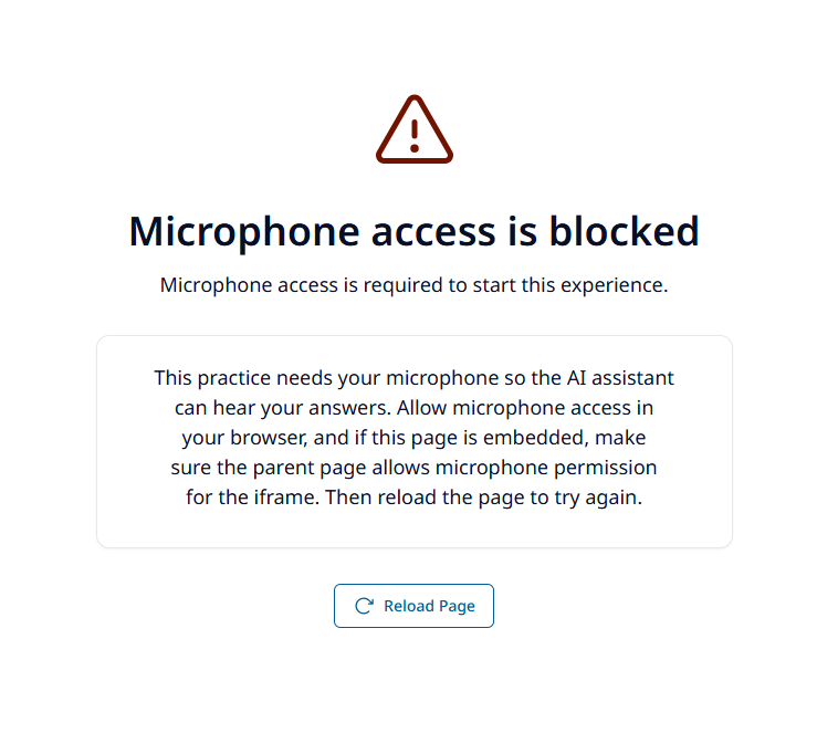 Microphone access blocked error with browser permission instructions