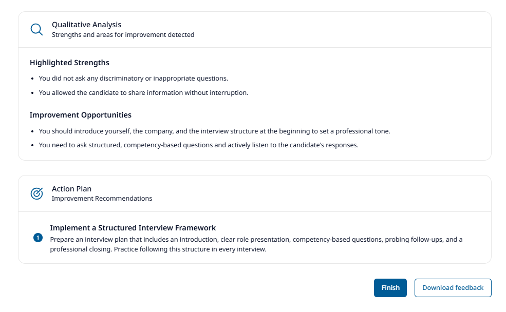 Qualitative analysis showing highlighted strengths, improvement opportunities, and action plan