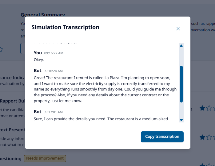 Simulation transcription showing You and Bot turns with timestamps